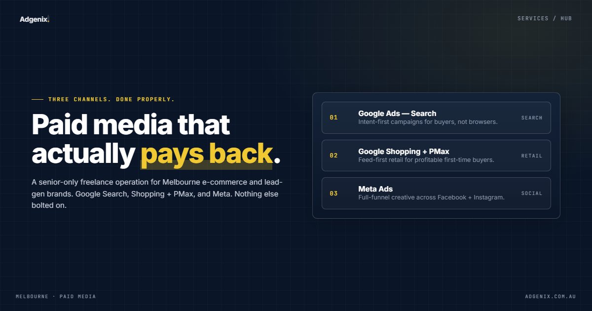 Adgenix freelance paid media services in Melbourne: Google Ads, Shopping, and Meta Ads