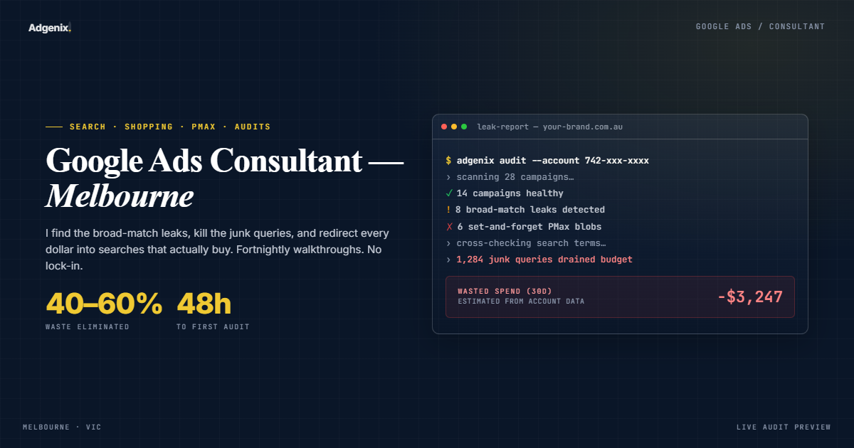 Google Ads account open on laptop: Adgenix consultant workspace in Melbourne