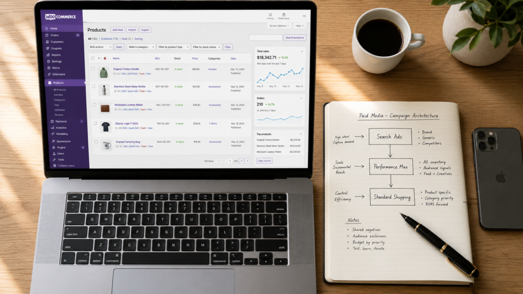 WooCommerce admin dashboard with Google Ads and Merchant Centre setup overlay