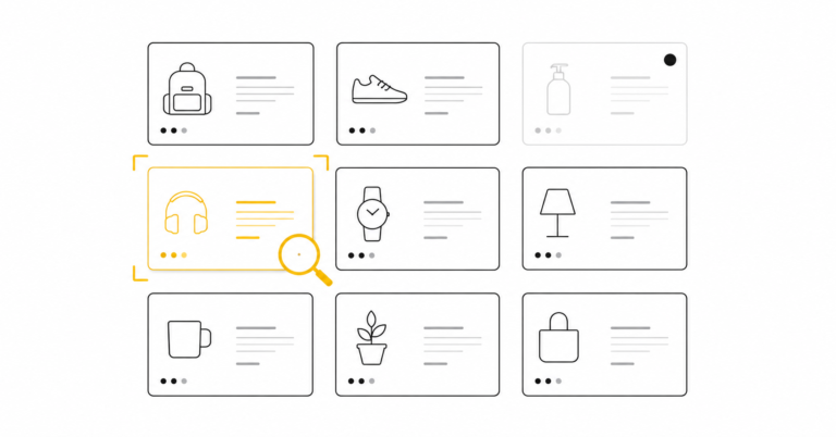 Product feed grid with one card highlighted in gold for diagnostic inspection and one flagged for review