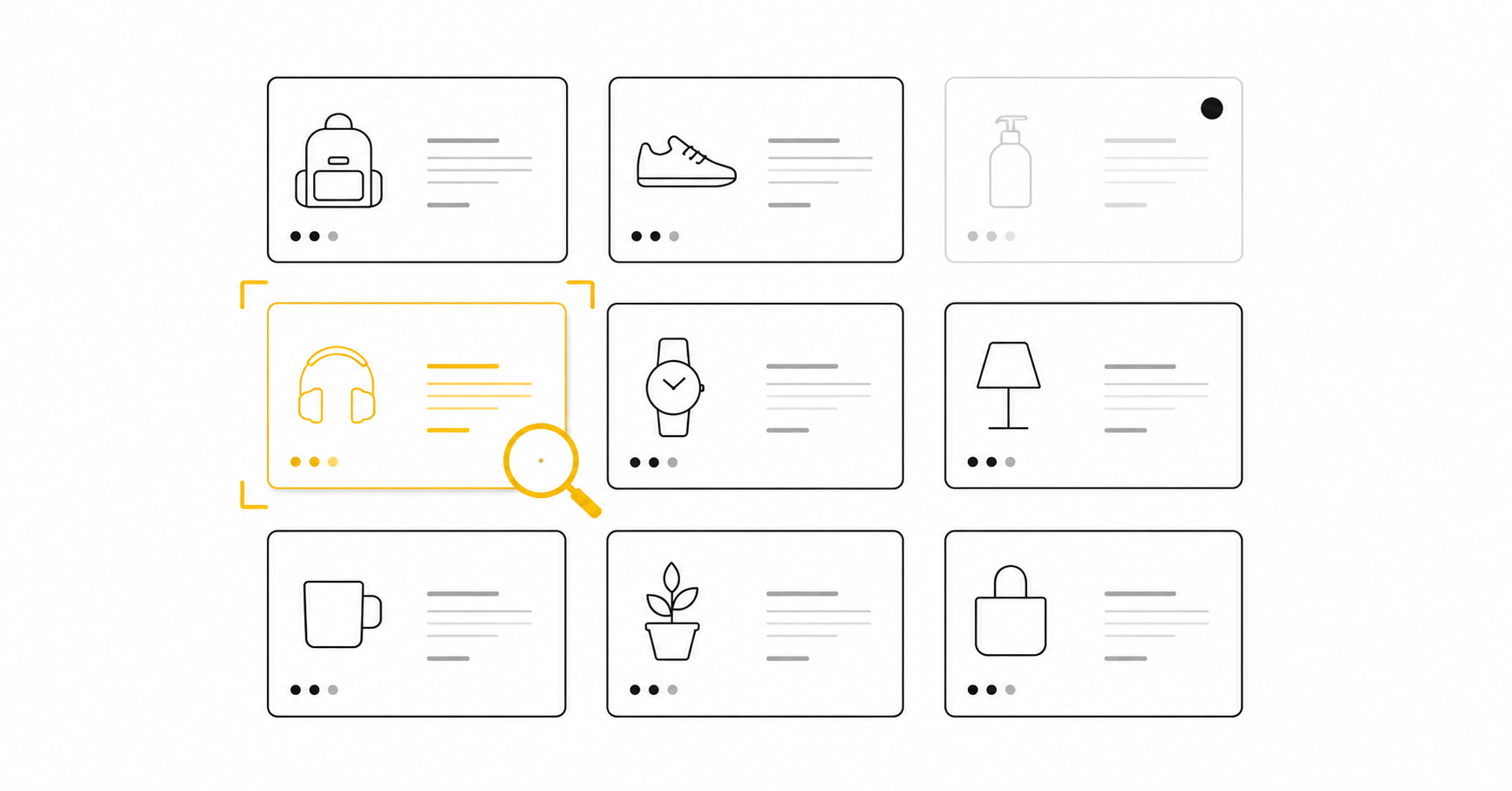 Product feed grid with one card highlighted in gold for diagnostic inspection and one flagged for review