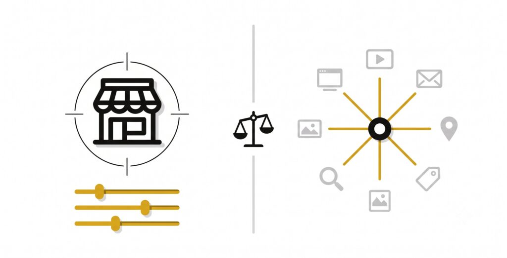 Diagram comparing Standard Shopping's manual single-channel control with Performance Max's automated multi-channel reach