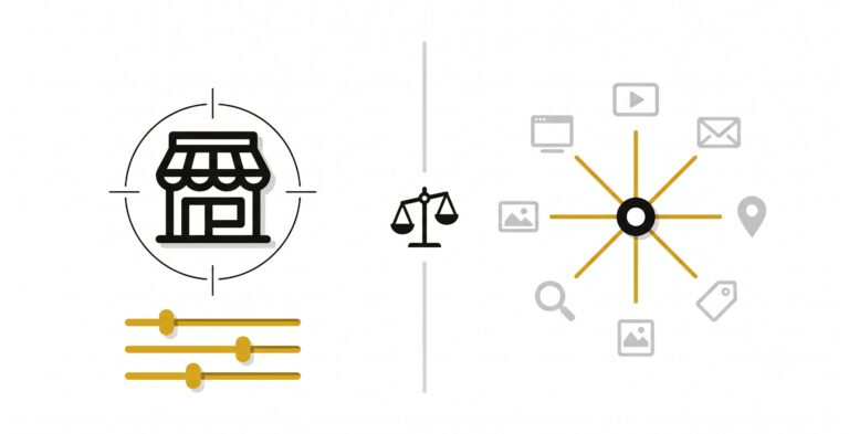 Diagram comparing Standard Shopping's manual single-channel control with Performance Max's automated multi-channel reach