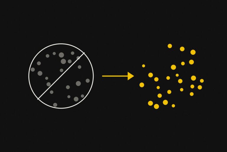 Grey dots inside a crossed-out circle with an arrow pointing to a group of gold dots, showing brand traffic excluded so spend moves to new customers