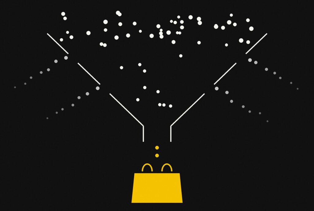 A funnel where many white dots leak out and only a few reach a gold shopping bag, showing that only completed purchases should count as conversions