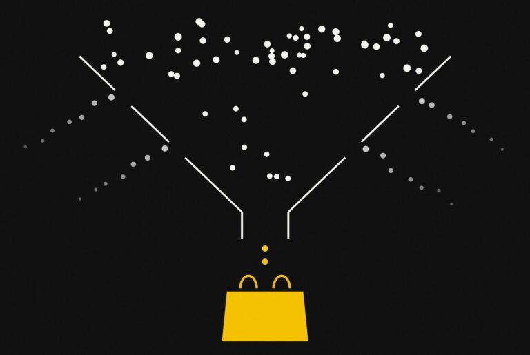 A funnel where many white dots leak out and only a few reach a gold shopping bag, showing that only completed purchases should count as conversions