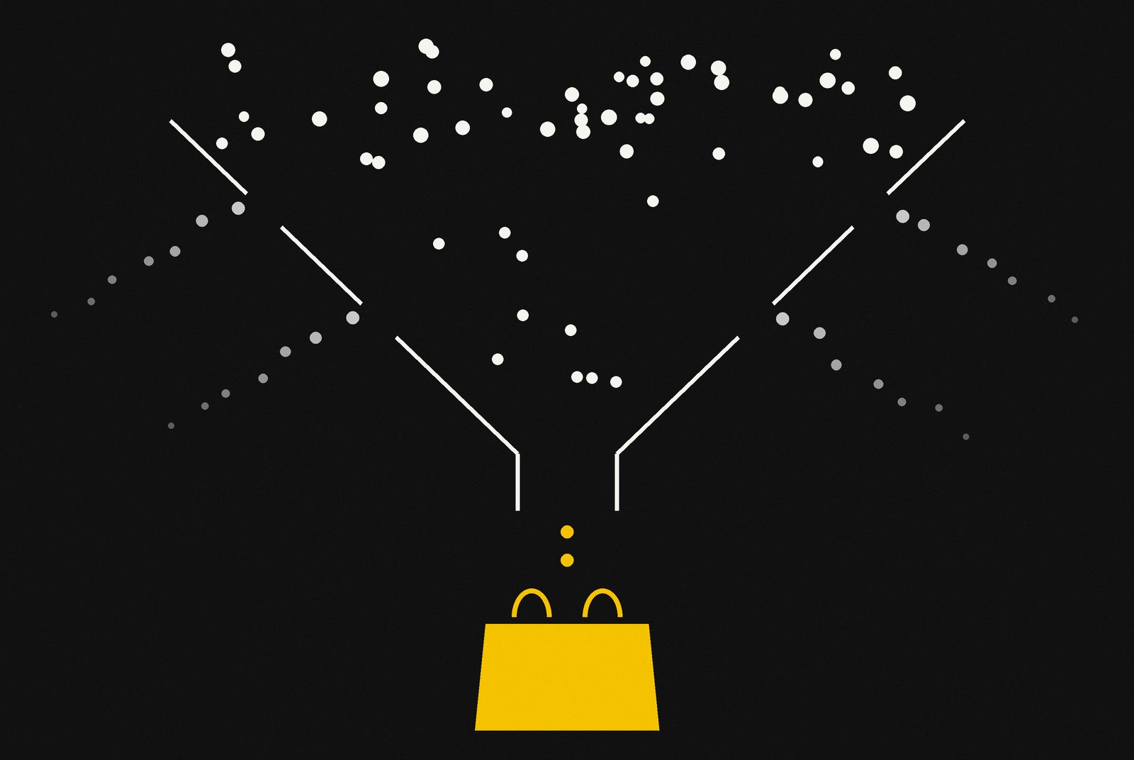 A funnel where many white dots leak out and only a few reach a gold shopping bag, showing that only completed purchases should count as conversions